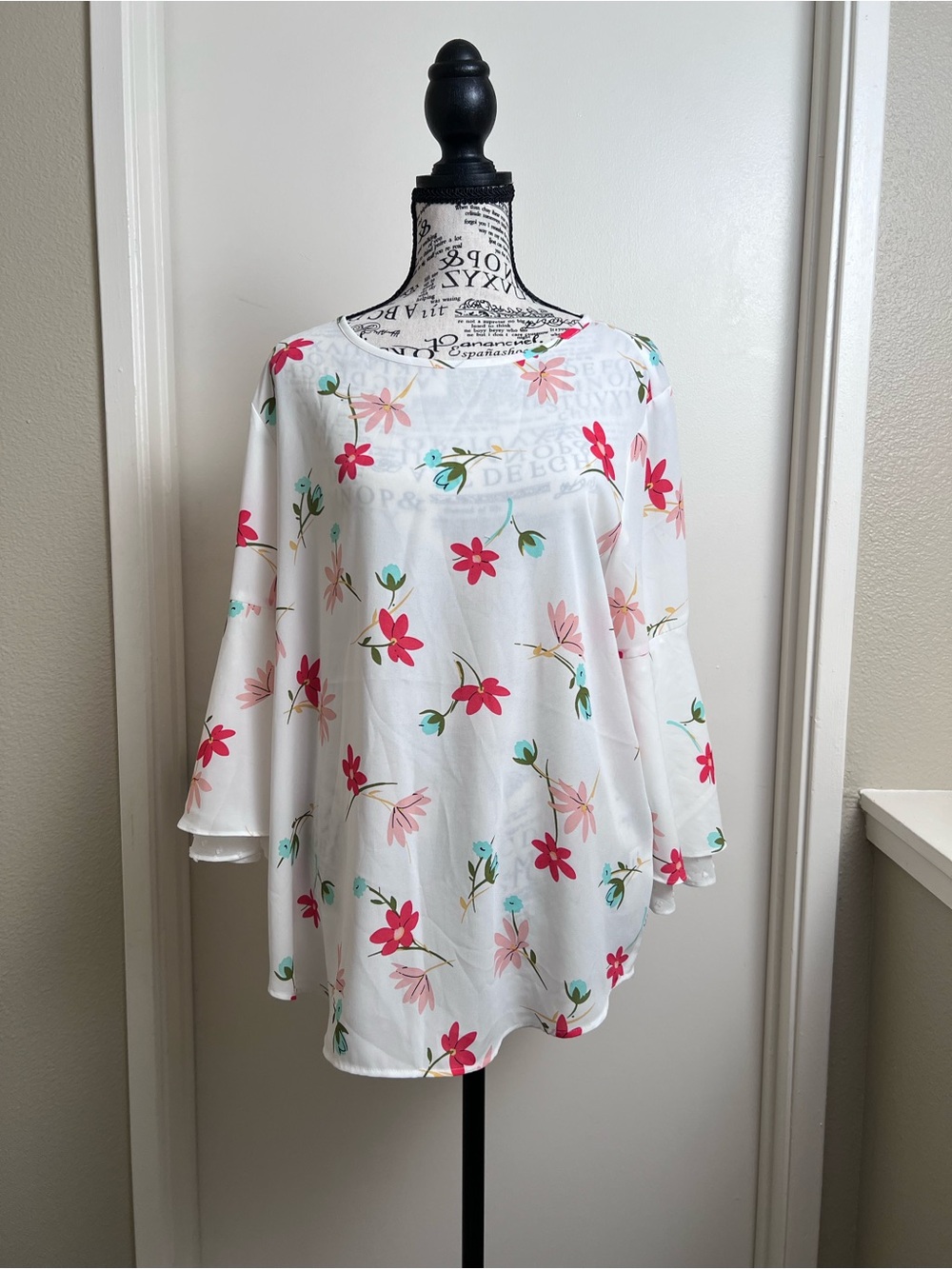 Van Heusen Floral Bell Sleeve Blouse Sheer Swiss Dot Trim White L